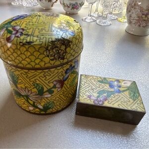 Vintage Yellow Cloisonne Tobacco Container Cigarette Holder & match box cover